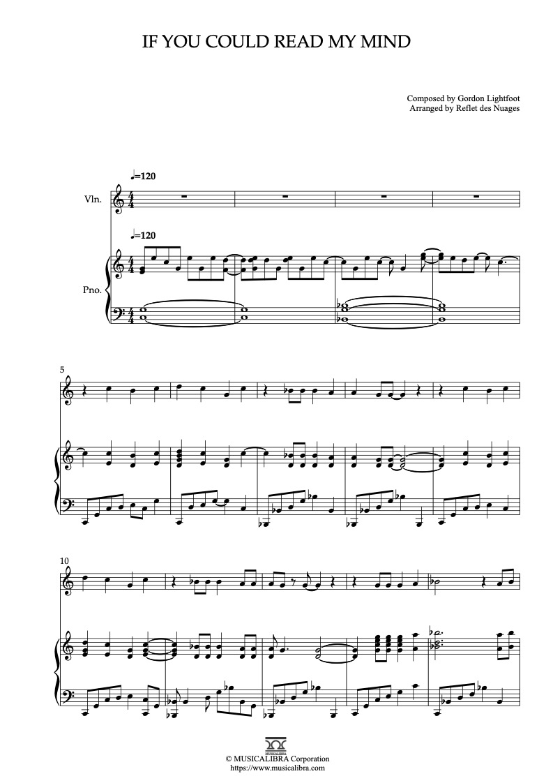 Partitura de Gordon Lightfoot If You Could Read My Mind arreglada para dueto de violín y piano