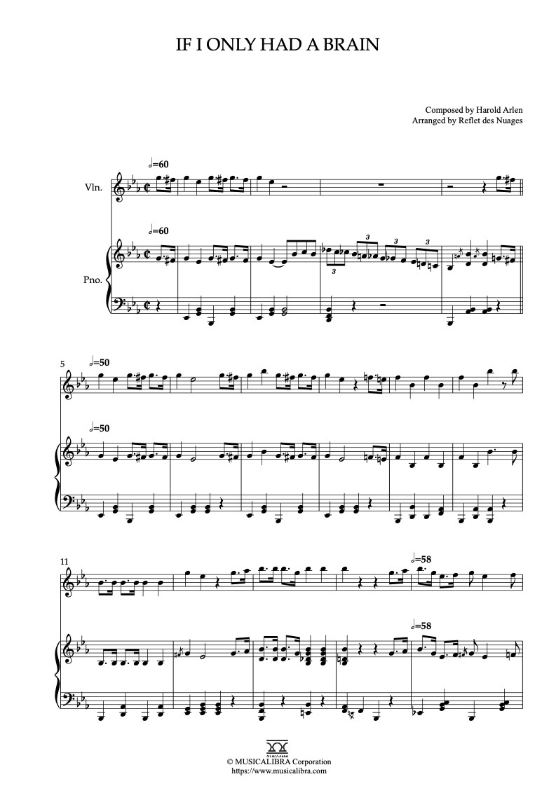 The Wizard of Oz If I Only Had a Brain 編曲楽譜 - ヴァイオリン、ピアノデュエット
