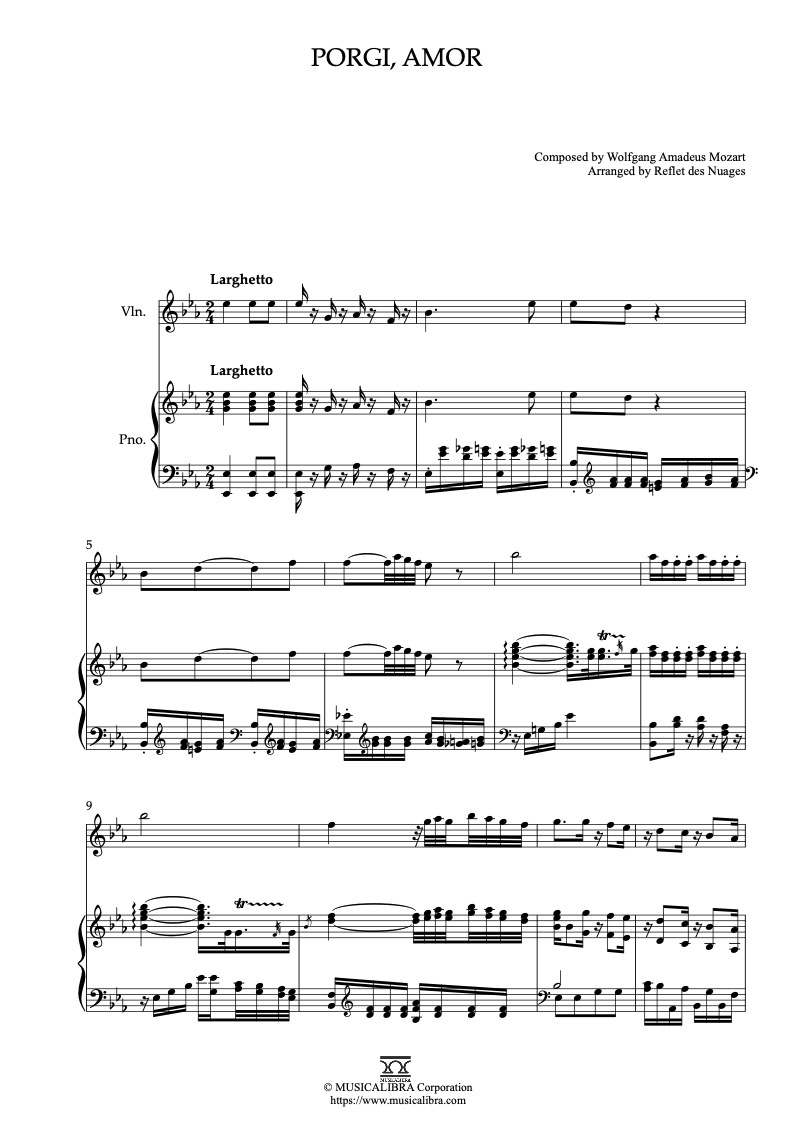 Sheet music of Porgi, amor arranged for violin and piano duet chamber ensemble preview page 1