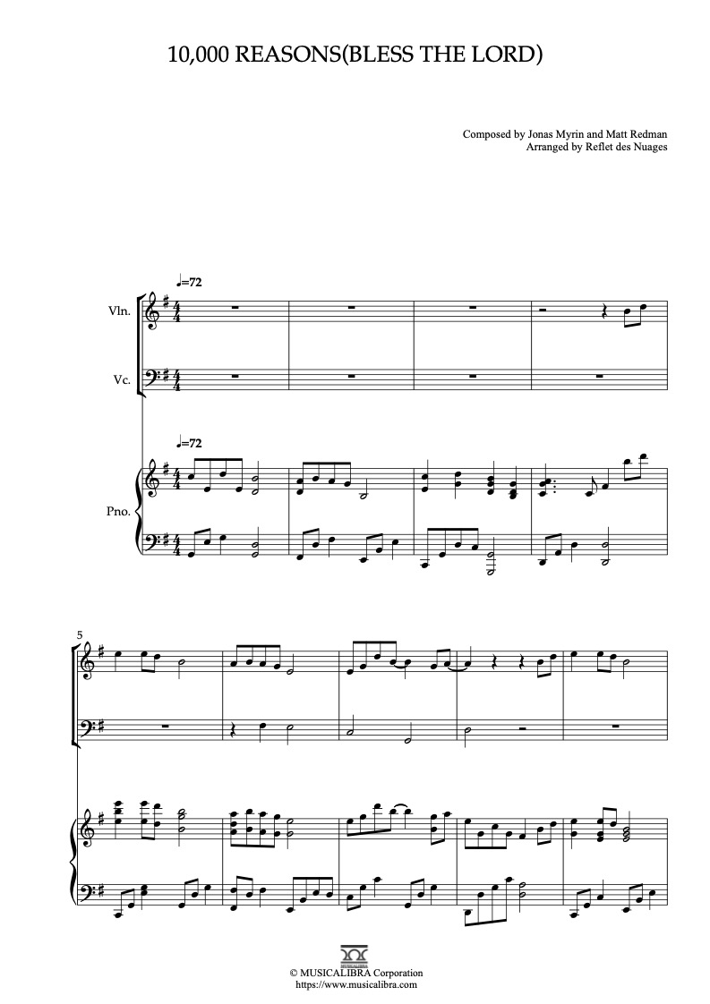 10,000 Reasons (Bless the Lord) 三重奏 樂譜 - 小提琴, 大提琴, 鋼琴