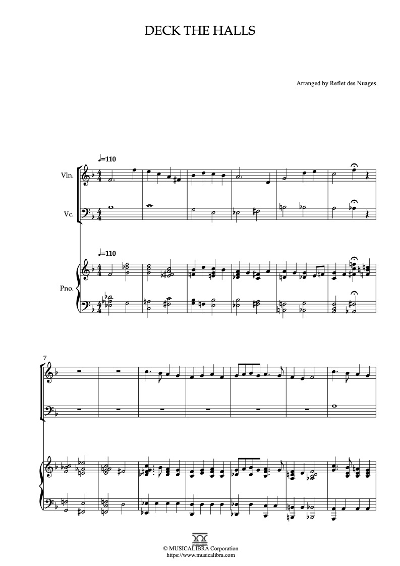 Sheet music of Deck the Halls arranged for violin, cello and piano trio chamber ensemble preview page 1