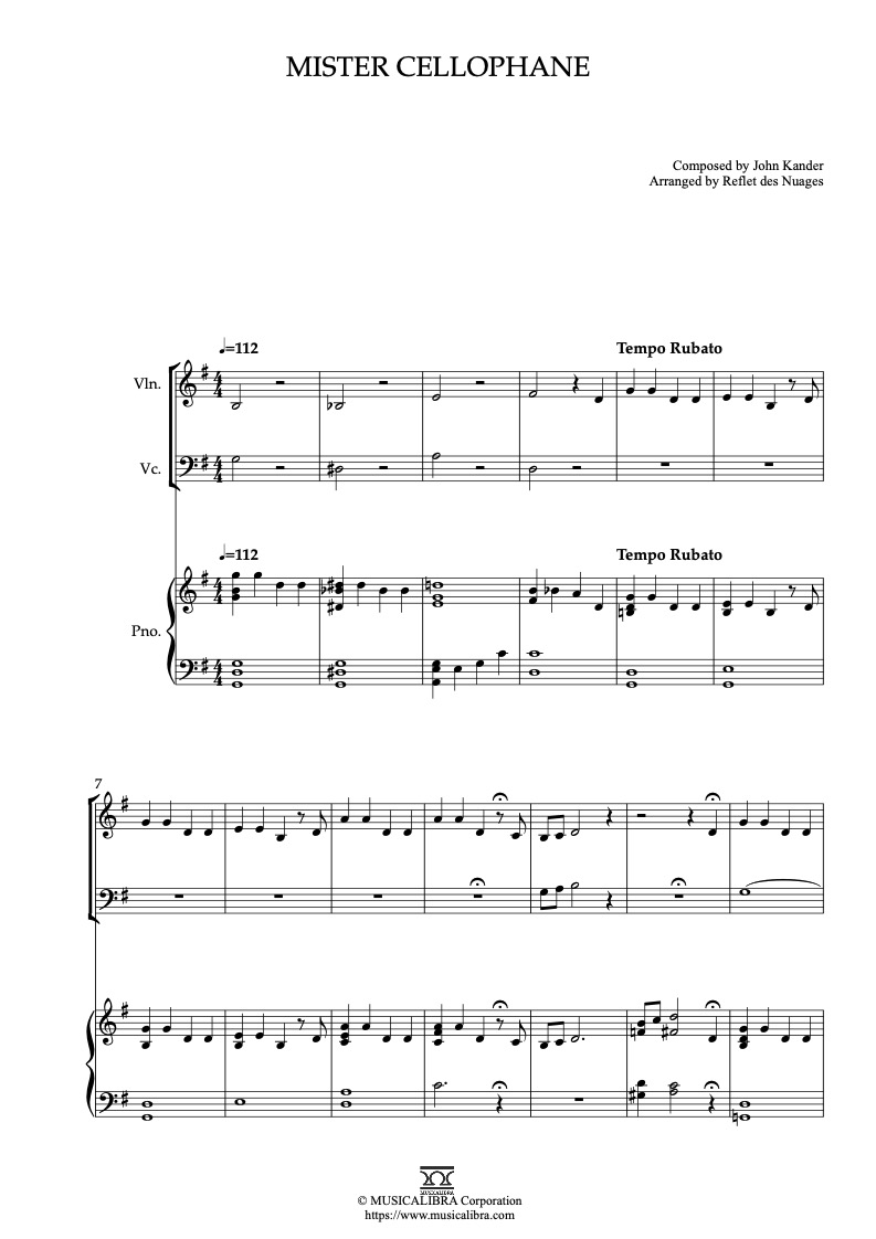 Sheet music of Chicago Mister Cellophane arranged for violin, cello and piano trio chamber ensemble preview page 1