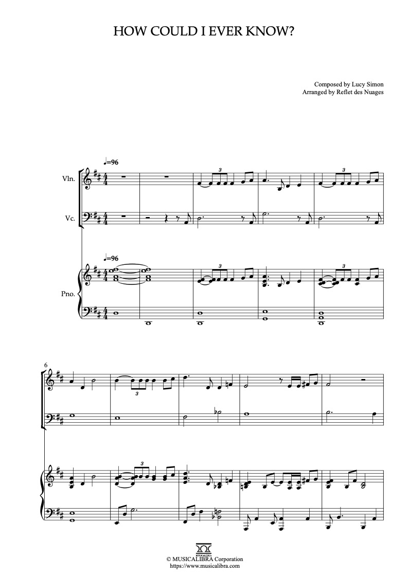 Sheet music of The Secret Garden How Could I Ever Know? arranged for violin, cello and piano trio chamber ensemble preview page 1