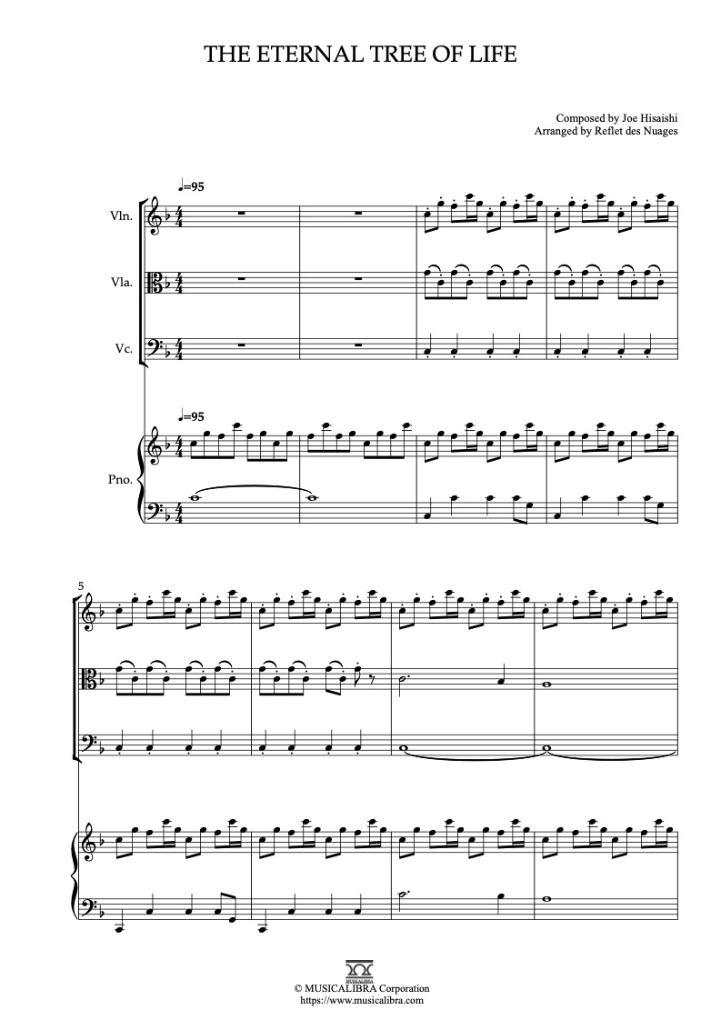 Sheet music of Castle in the Sky Theme The Eternal Tree of Life arranged for violin, viola, cello and piano quartet chamber ensemble preview page 1