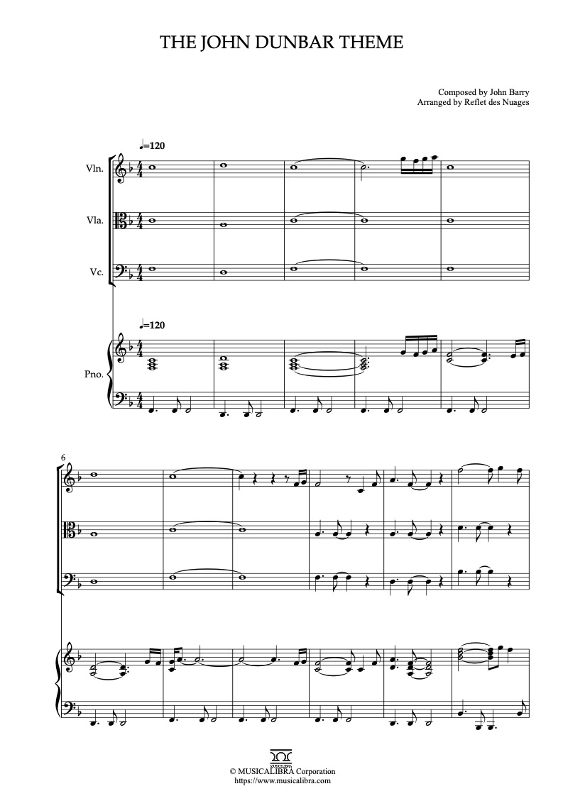 Sheet music of Dances With Wolves The John Dunbar Theme arranged for violin, viola, cello and piano quartet chamber ensemble preview page 1