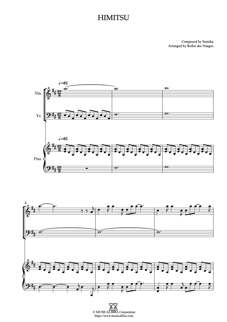 Sheet music of I Want to Eat Your Pancreas Himitsu arranged for violin, cello and piano trio chamber ensemble preview page 1