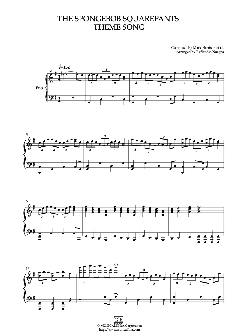 The SpongeBob SquarePants Theme Song 钢琴 独奏 乐谱