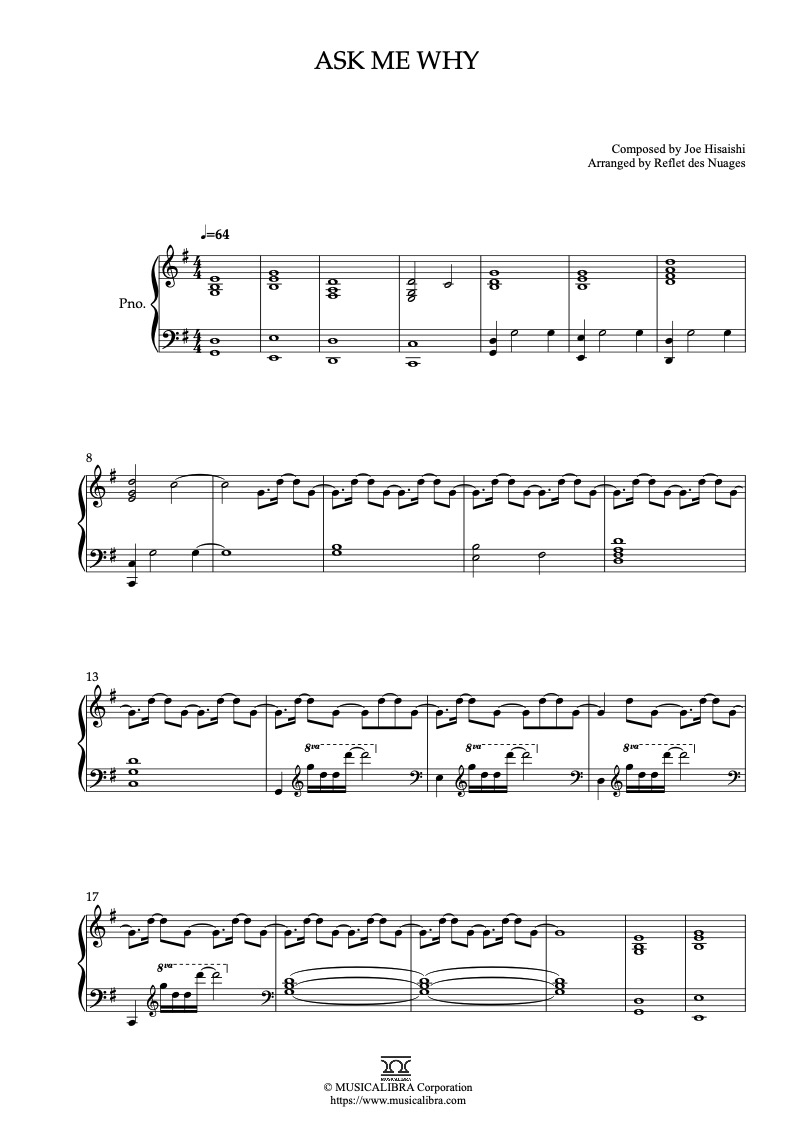 Partitura de The Boy and the Heron Ask Me Why arreglada para piano solo
