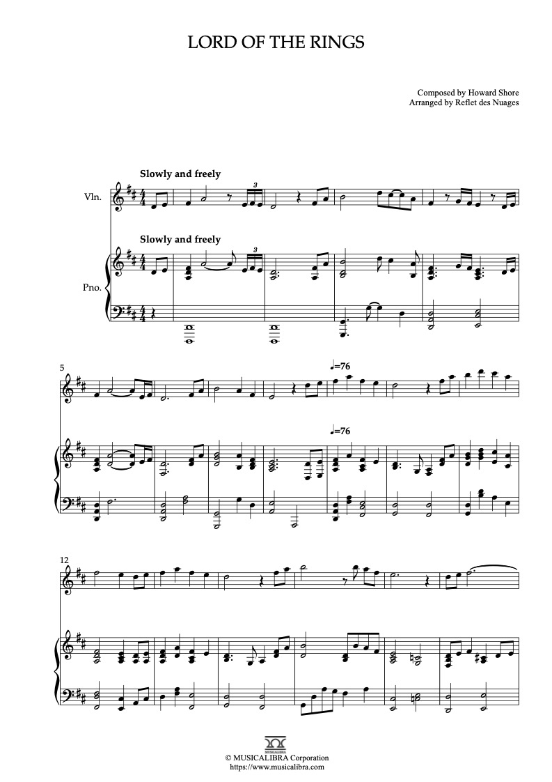 Partitura de Lord of the Rings arreglada para dueto de violín y piano
