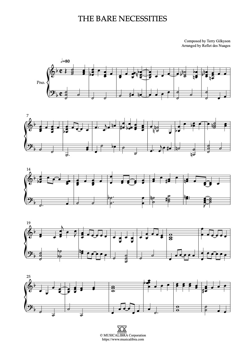 Partitura de The Jungle Book The Bare Necessities arreglada para piano solo
