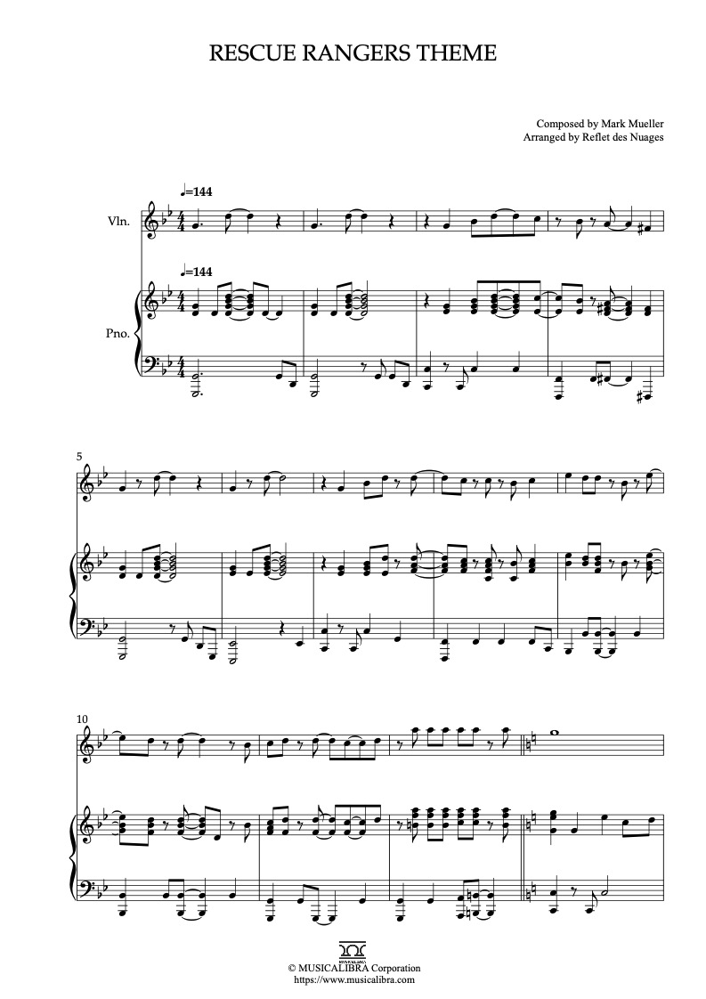 Partitura de Chip 'N' Dale's Rescue Rangers Theme Song arreglada para dueto de violín y piano