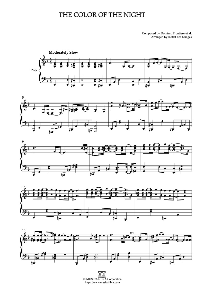 Partitura de The Color of the Night arreglada para piano solo