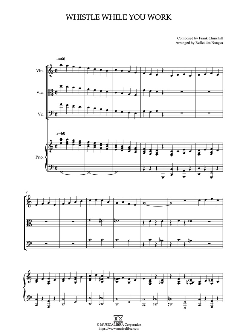 Sheet music of Snow White and the Seven Dwarfs Whistle While You Work arranged for violin, viola, cello and piano quartet chamber ensemble preview page 1