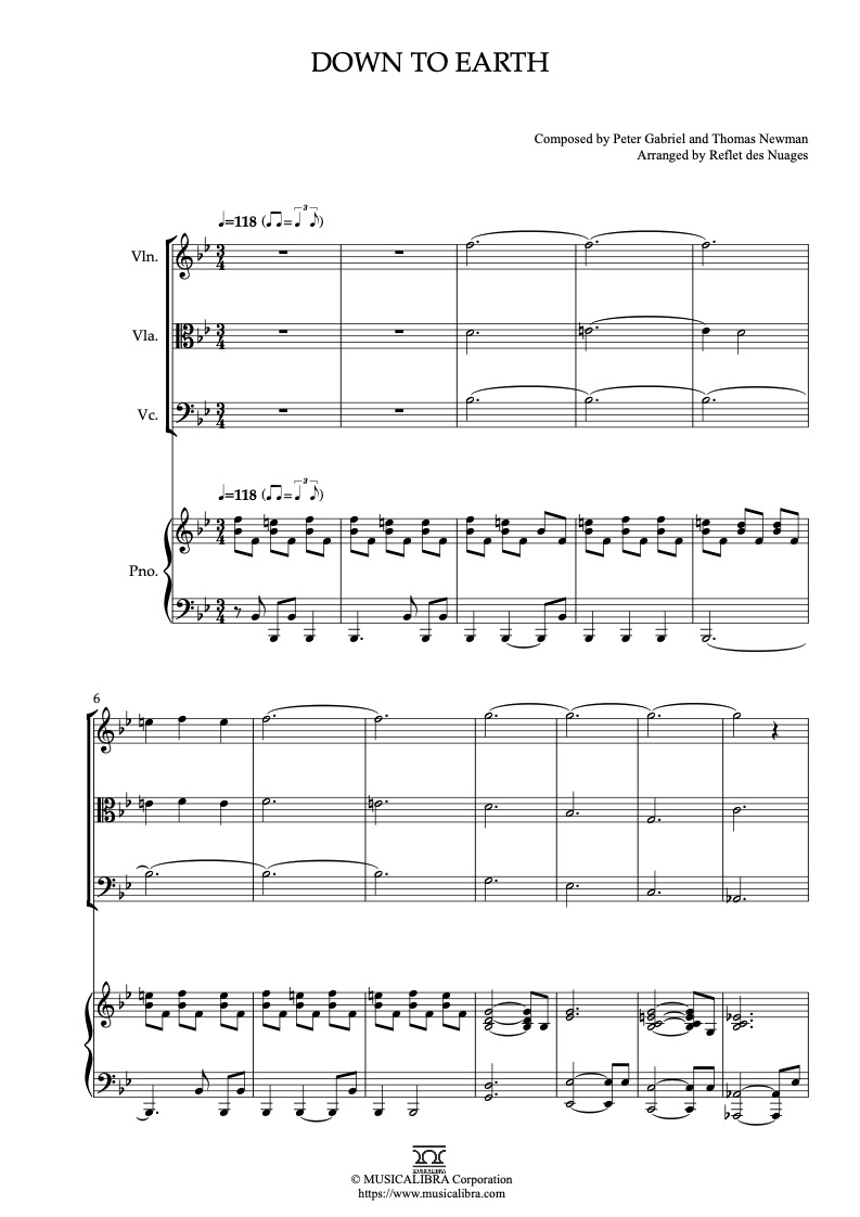 Sheet music of Wall-E Down to Earth arranged for violin, viola, cello and piano quartet chamber ensemble preview page 1