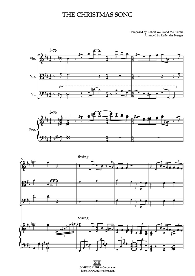 The&nbsp;Christmas Song 四重奏 乐谱 - 小提琴, 中提琴, 大提琴, 钢琴