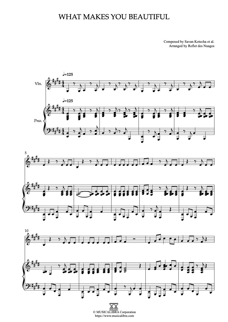 Partitura de One Direction What Makes You Beautiful arreglada para dueto de violín y piano