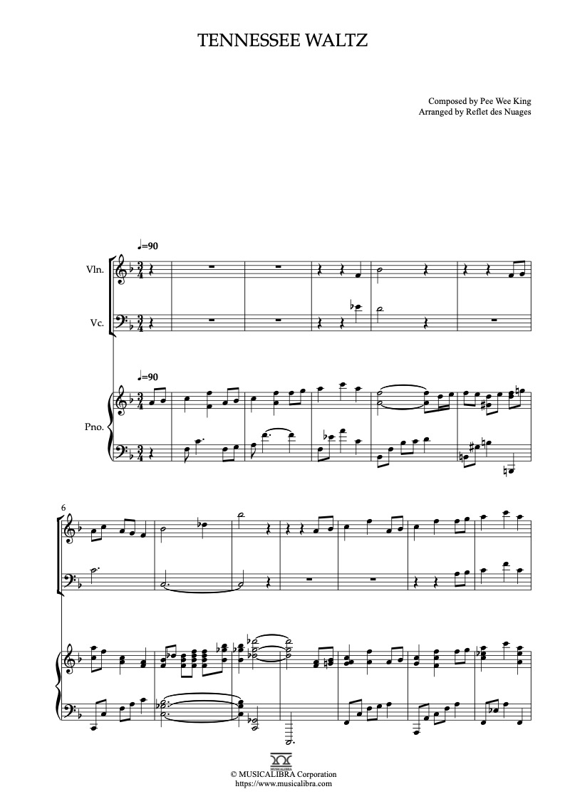 Partitura de The Tennessee Waltz arreglada para trío de violín, violonchelo y piano