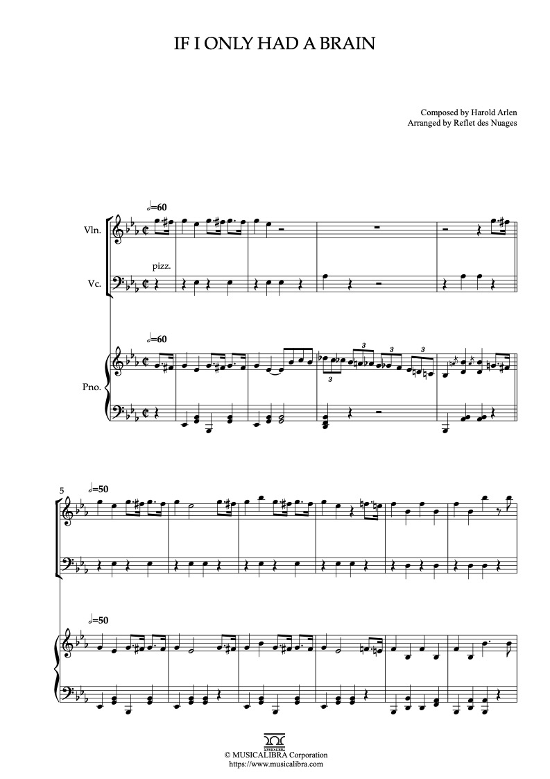 Sheet music of The Wizard of Oz If I Only Had a Brain arranged for violin, cello and piano trio chamber ensemble preview page 1