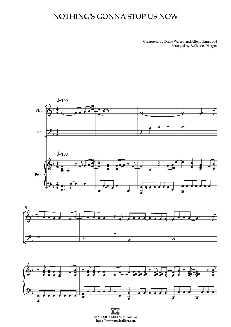 Sheet music of Starship Nothing's Gonna Stop Us Now arranged for violin, cello and piano trio chamber ensemble preview page 1