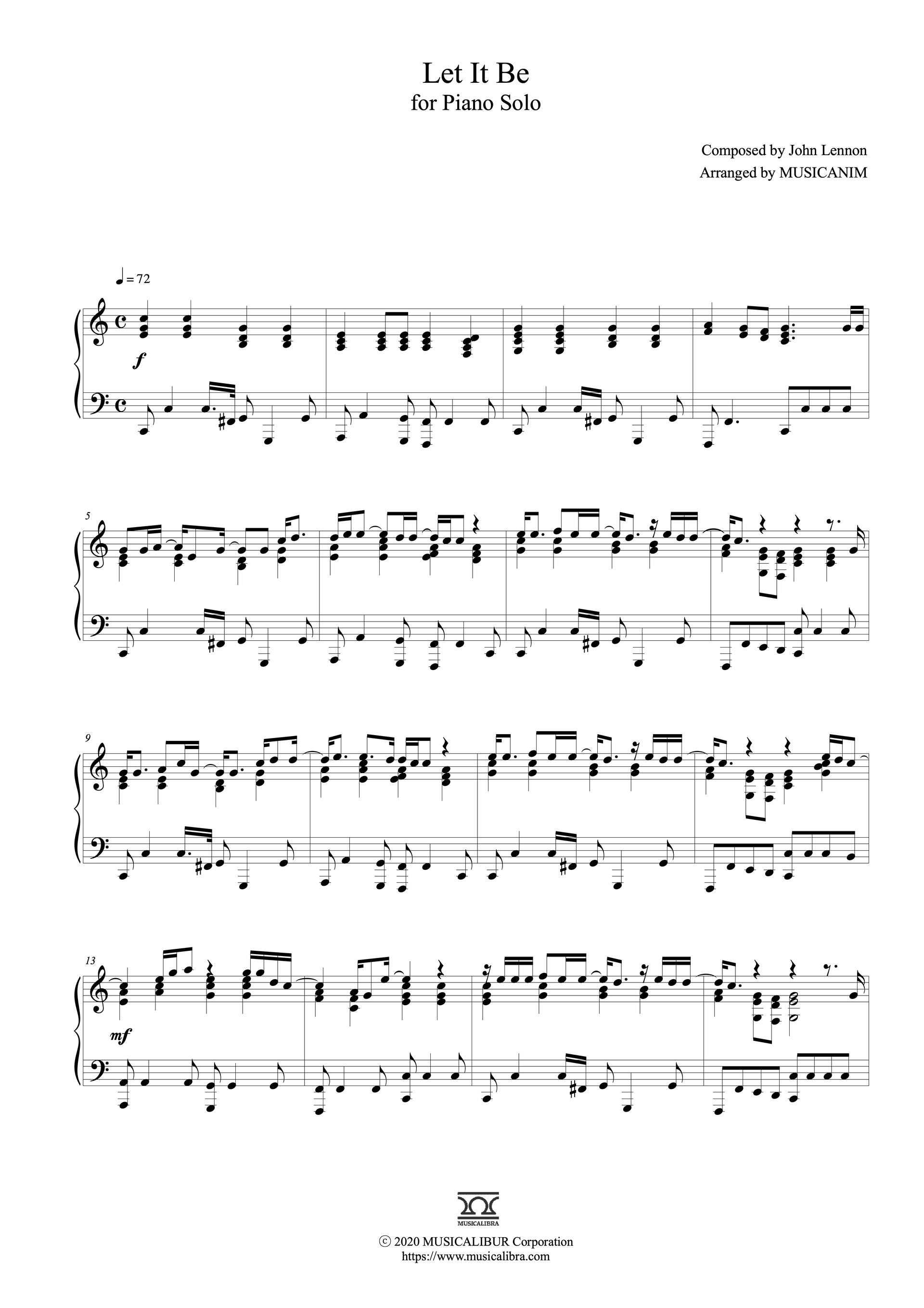 Sheet music of Let It Be arranged for piano solo preview page 1