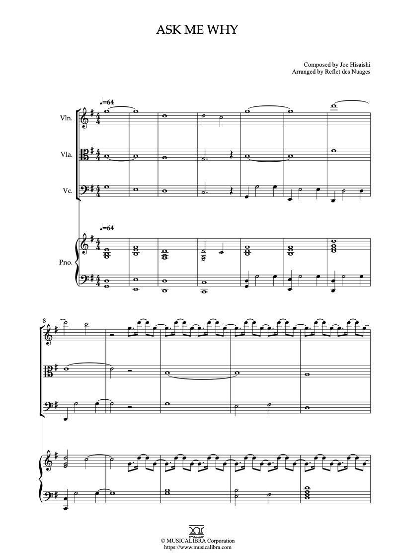 Partitura de The Boy and the Heron Ask Me Why arreglada para cuarteto de violín, viola, violonchelo y piano