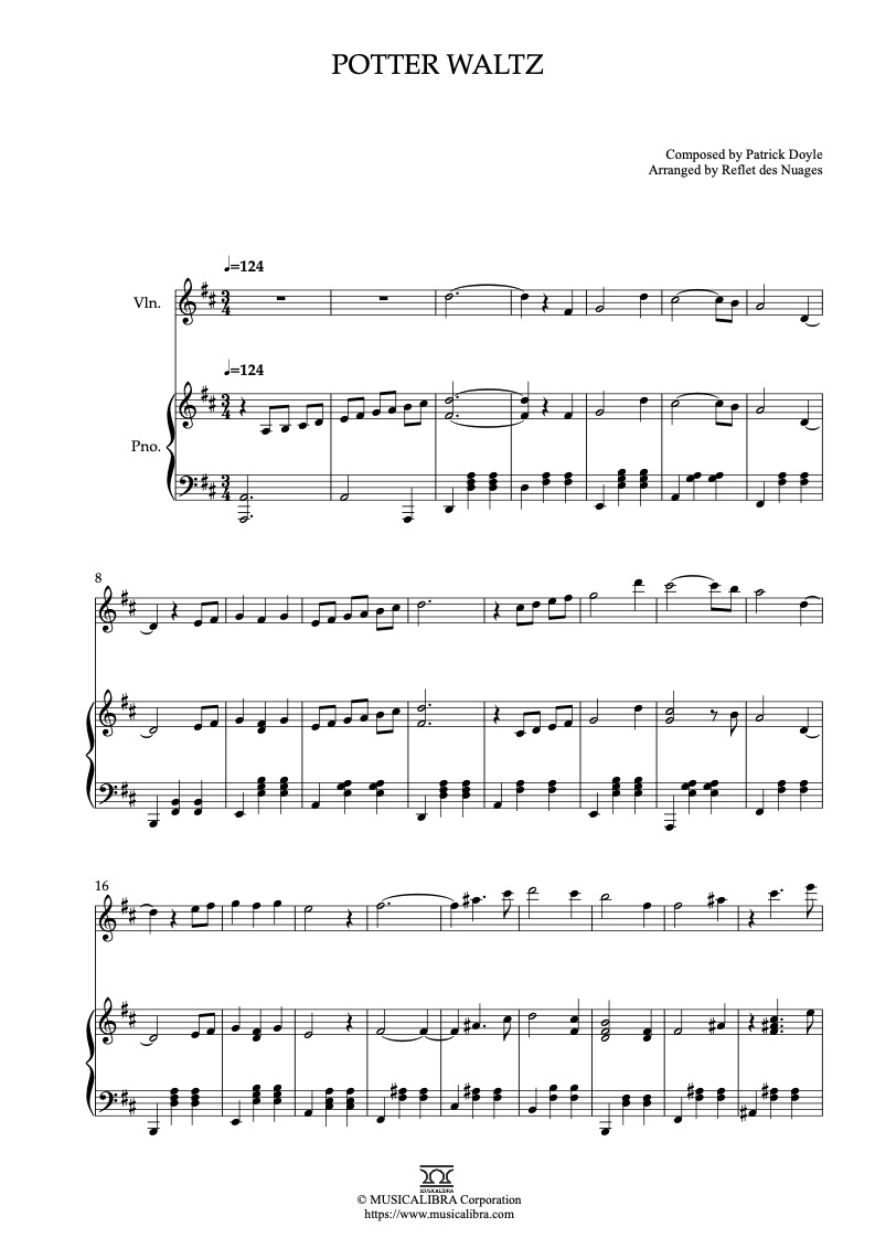 Partitura de Potter Waltz arreglada para dueto de violín y piano