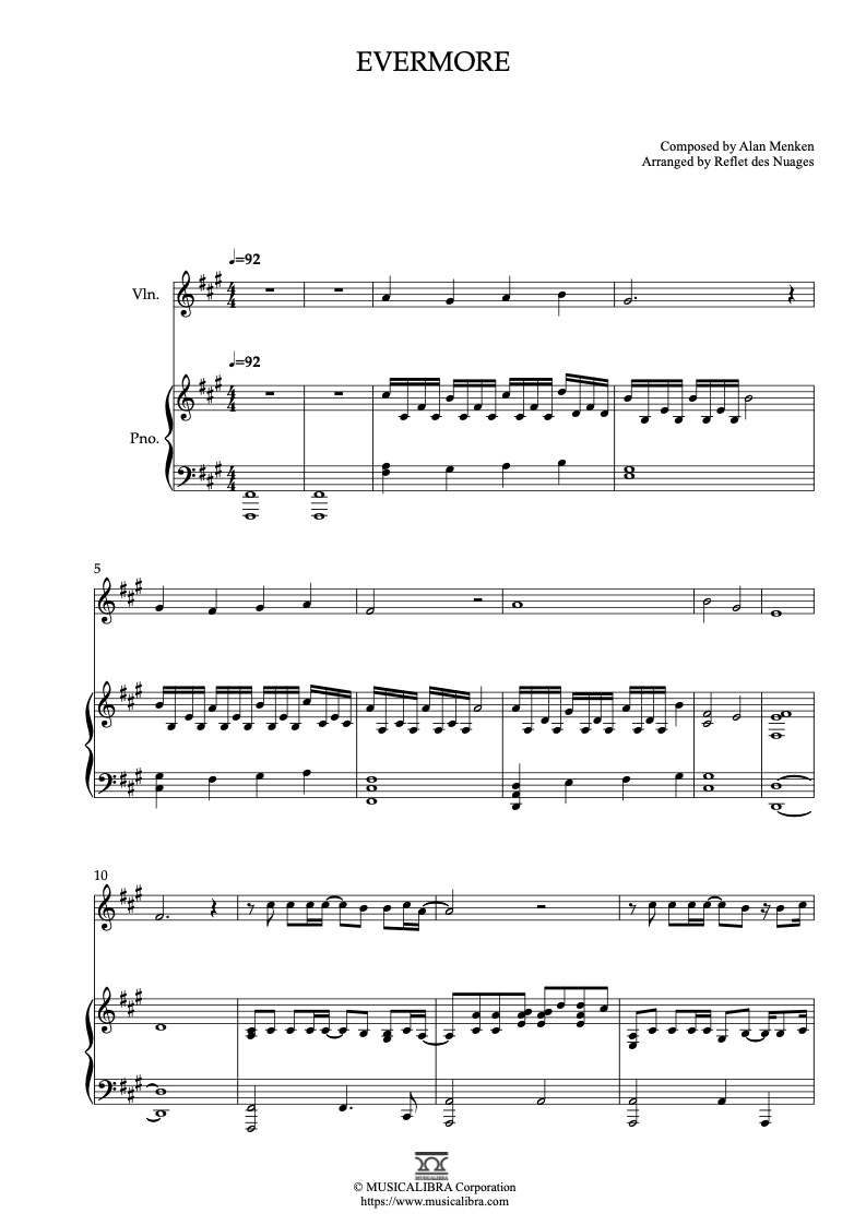 Sheet music of Josh Grovan Evermore arranged for violin and piano duet preview page 1