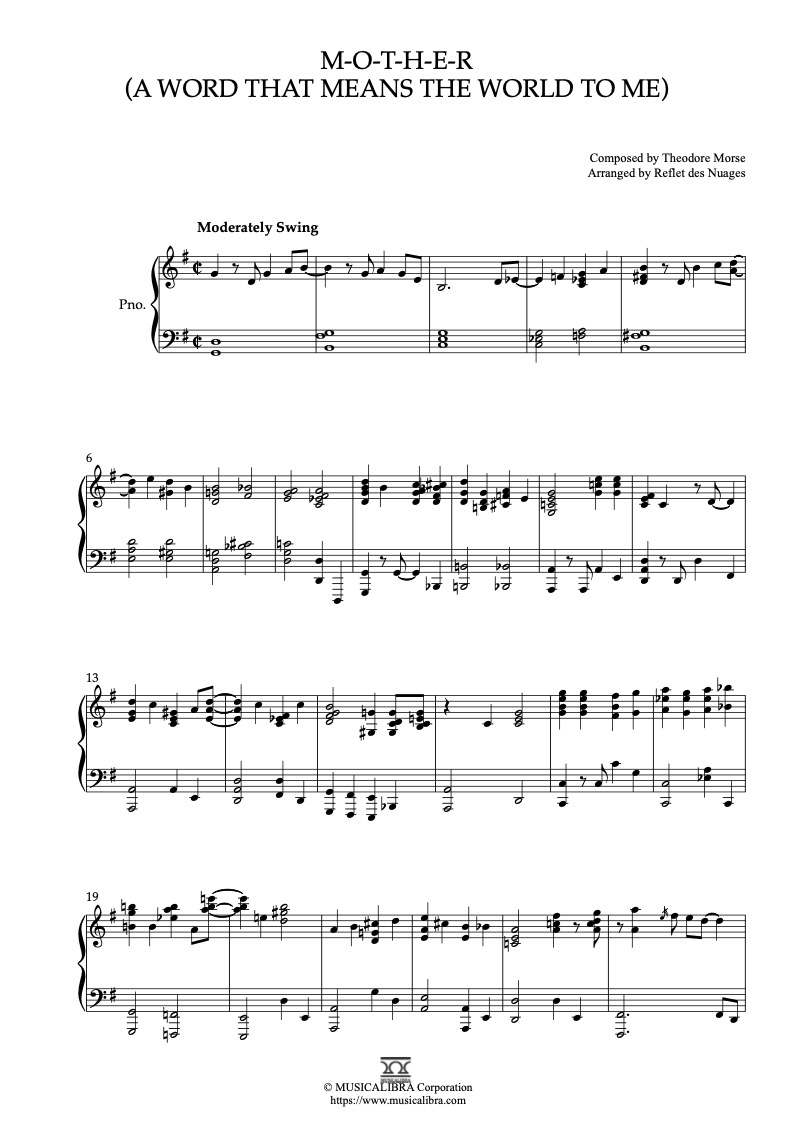 Partitura de Eddy Arnold M-O-T-H-E-R(A Word That Means The World To Me) arreglada para piano solo