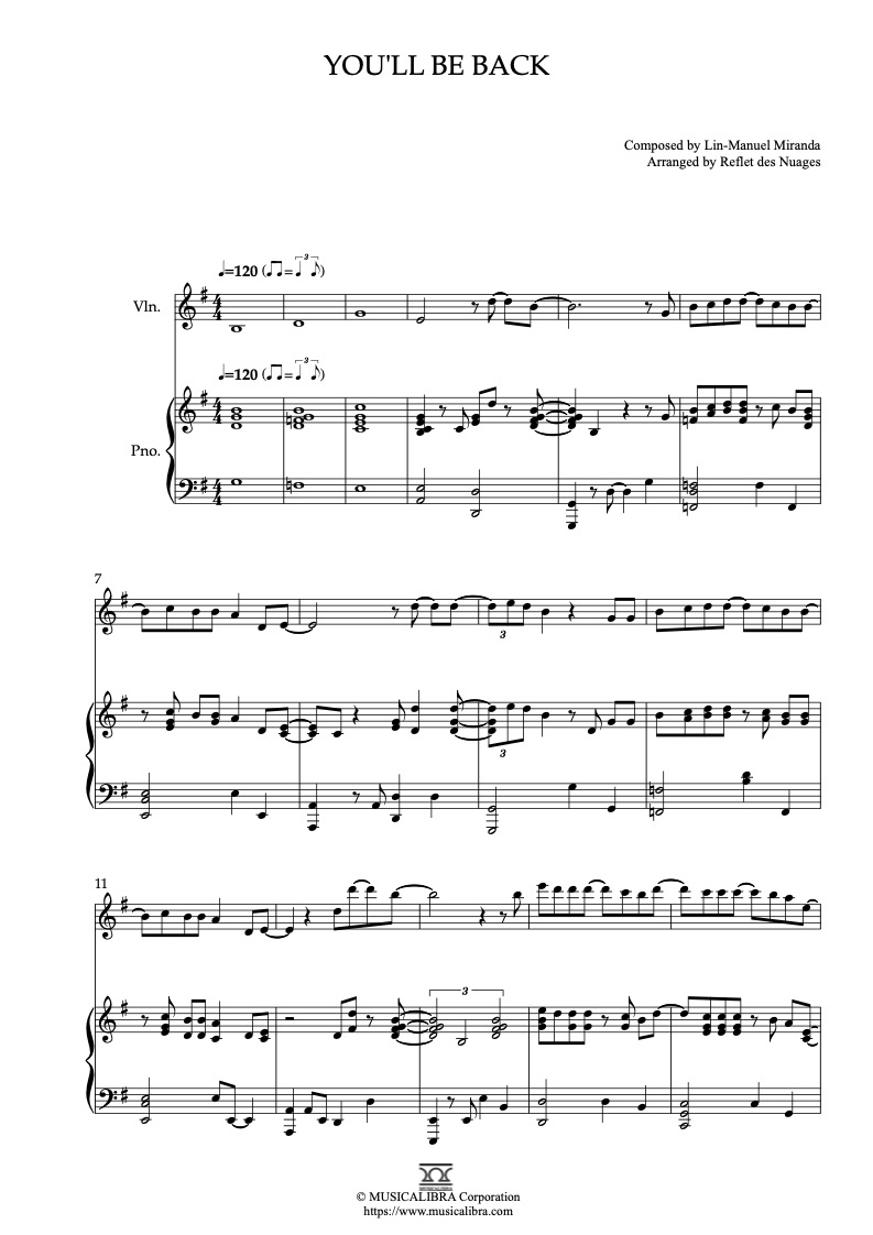 Hamilton Themes You'll Be Back 二重奏 乐谱 - 小提琴, 钢琴