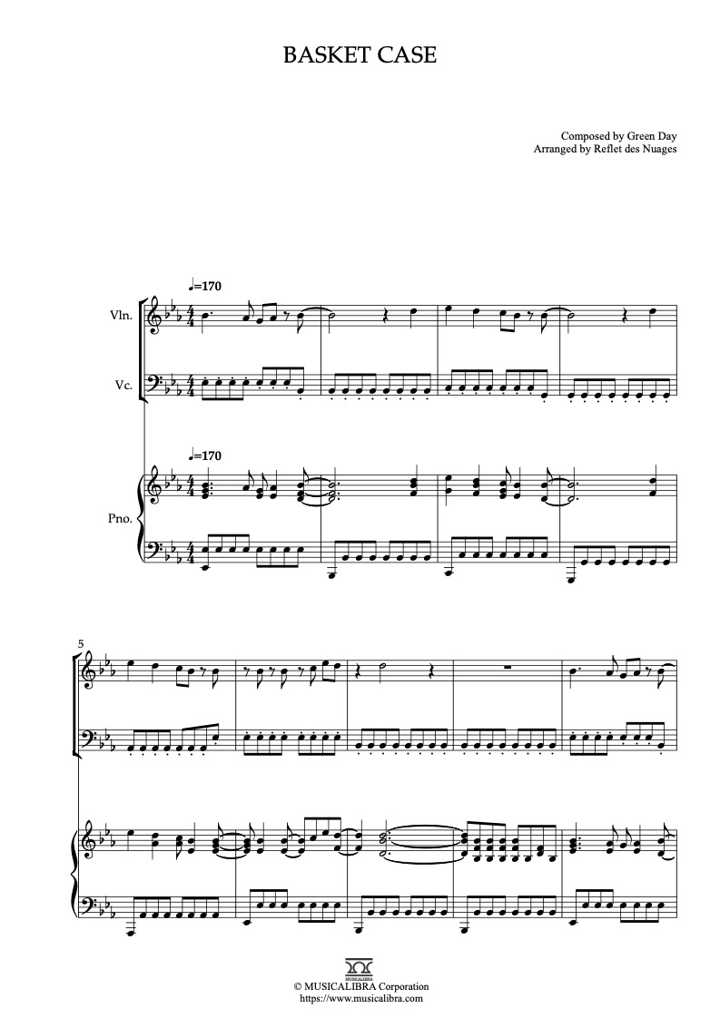 Partitura de Green Day Basket Case arreglada para trío de violín, violonchelo y piano
