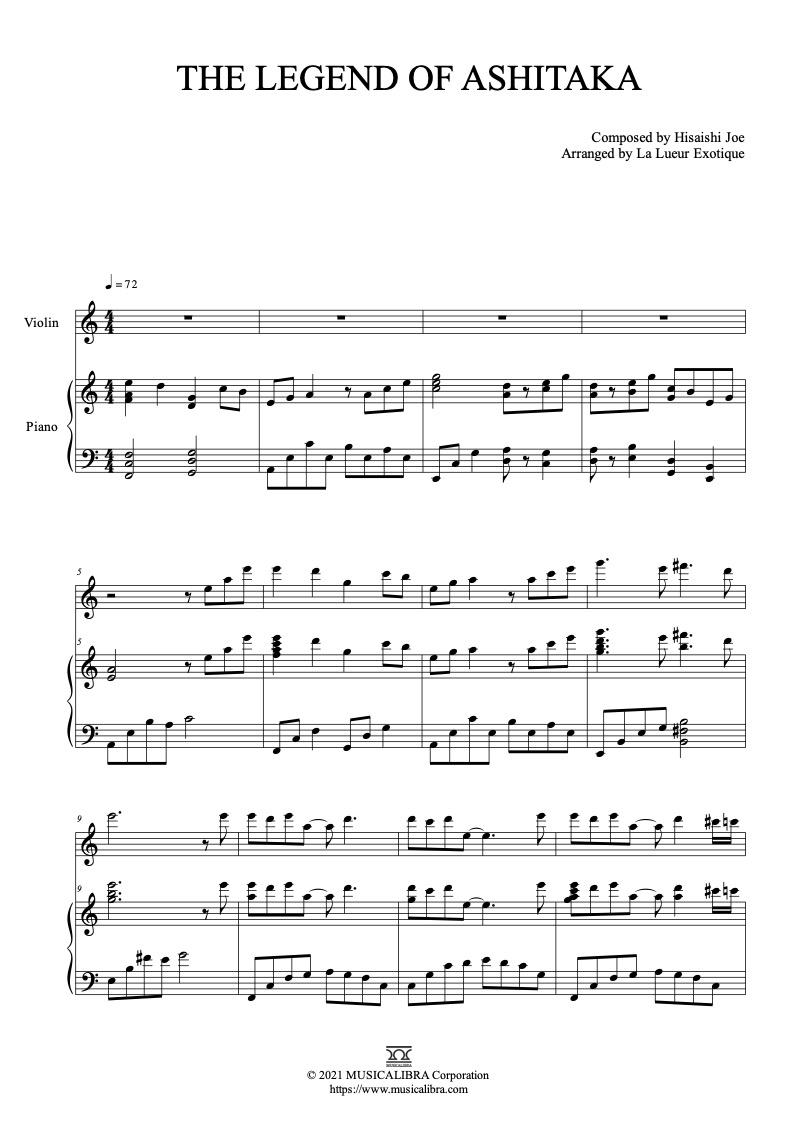 The Legend of Ashitaka 二重奏 乐谱 - 小提琴, 钢琴