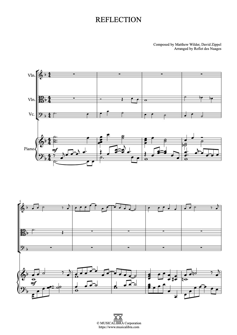 Sheet music of Reflection arranged for violin, viola, cello and piano quartet chamber ensemble preview page 1