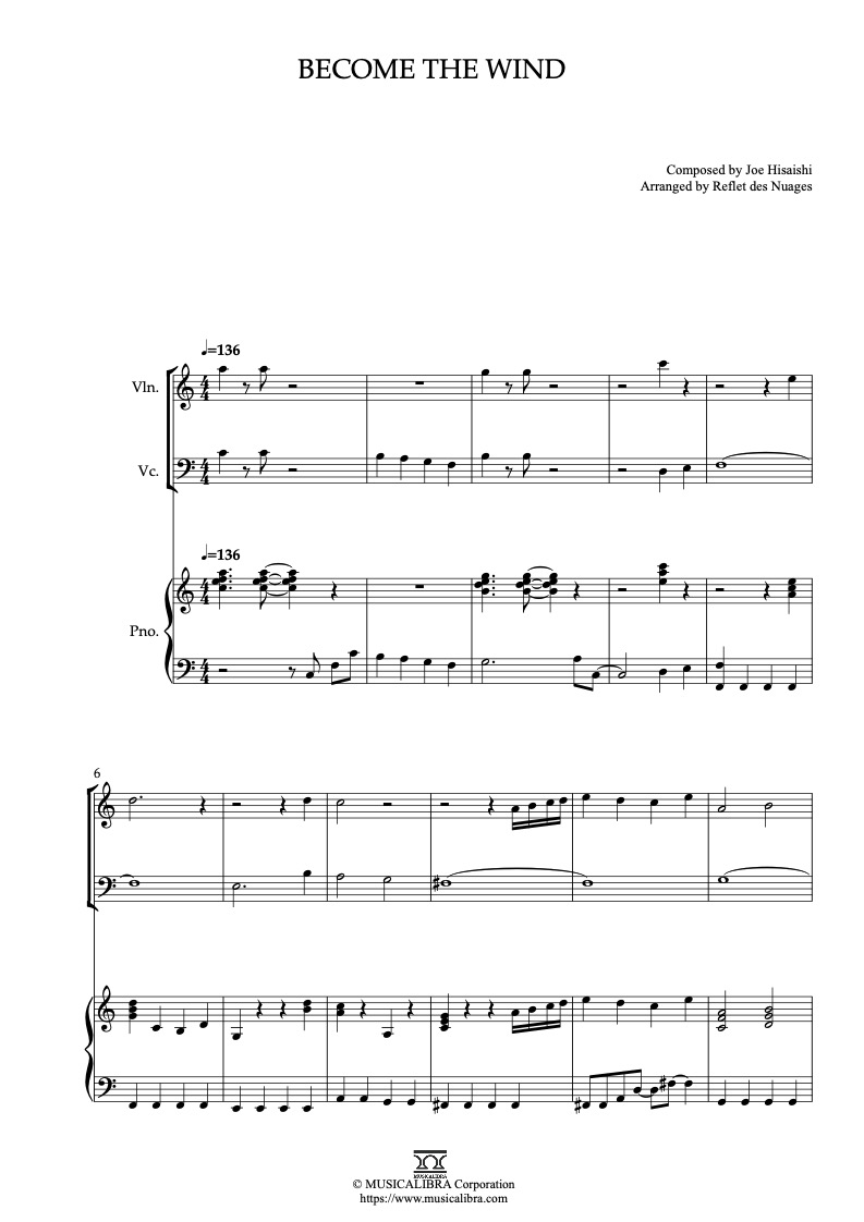 Sheet music of The Wind Rises Become the Wind arranged for violin, cello and piano trio chamber ensemble preview page 1