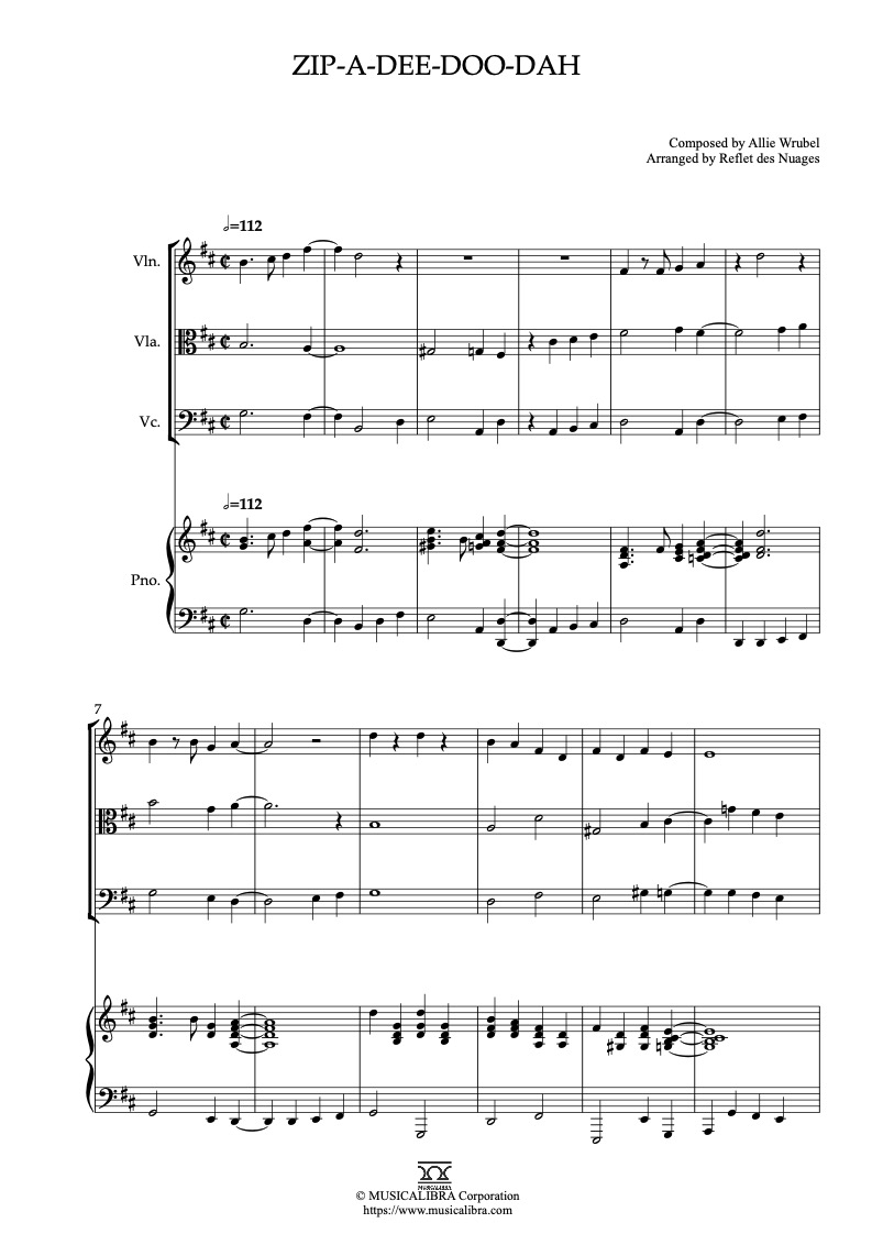 Partitura de The Song of the South Zip-A-Dee-Doo-Dah arreglada para cuarteto de violín, viola, violonchelo y piano