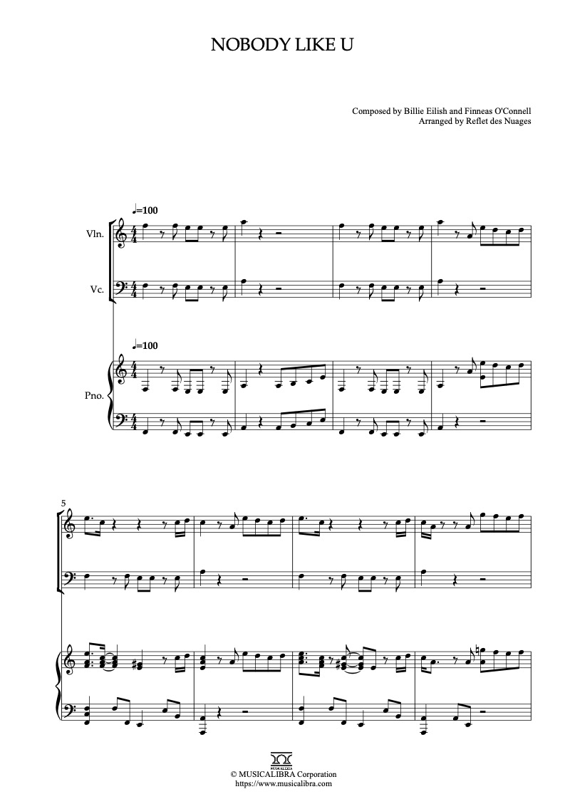 Partitura de Turning Red Nobody Like U arreglada para trío de violín, violonchelo y piano
