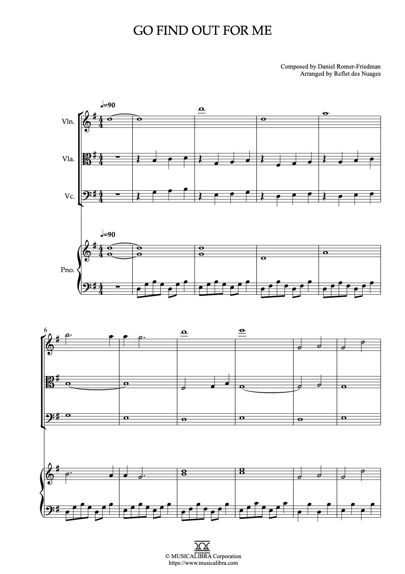 Partitura de Luca Go Find Out for Me arreglada para cuarteto de violín, viola, violonchelo y piano