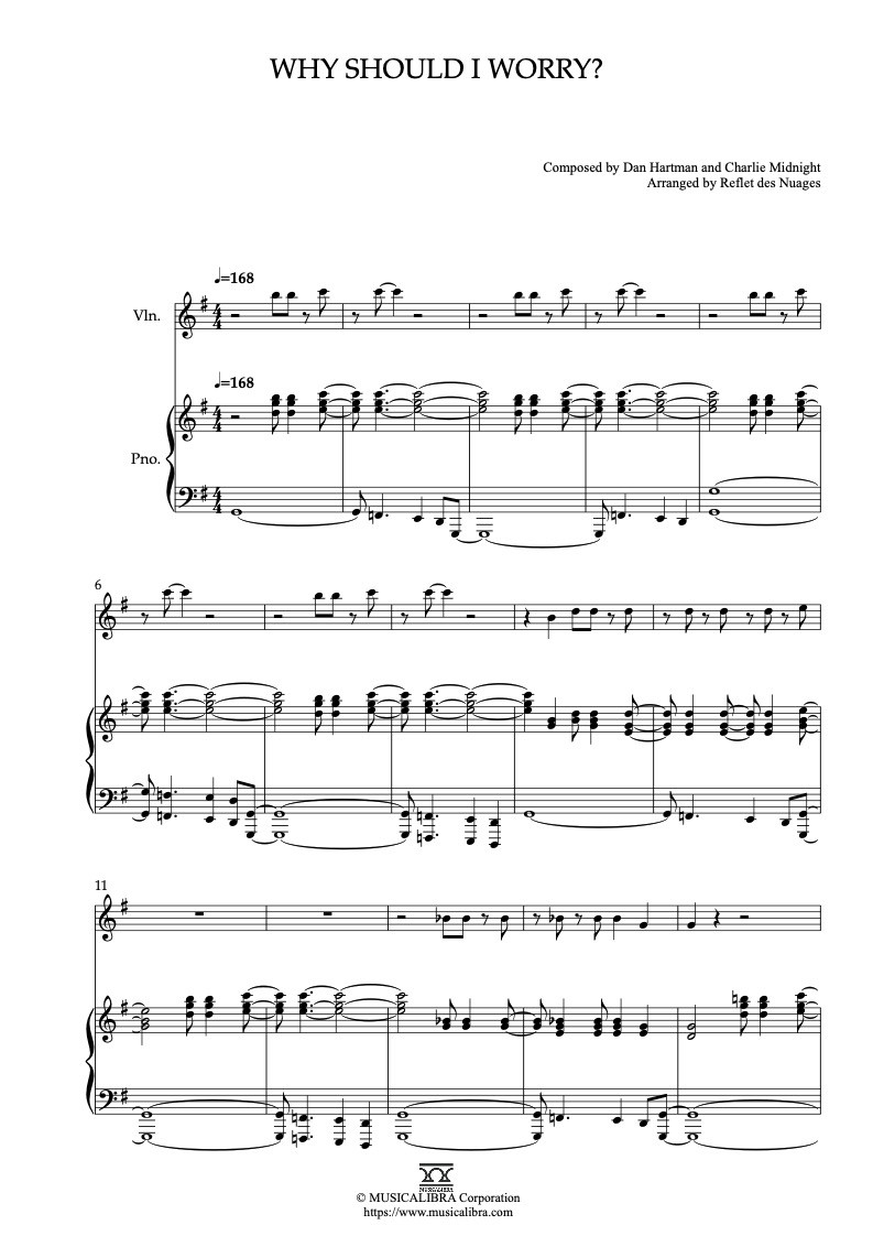 Oliver and Company Why Should I Worry? 編曲楽譜 - ヴァイオリン、ピアノデュエット