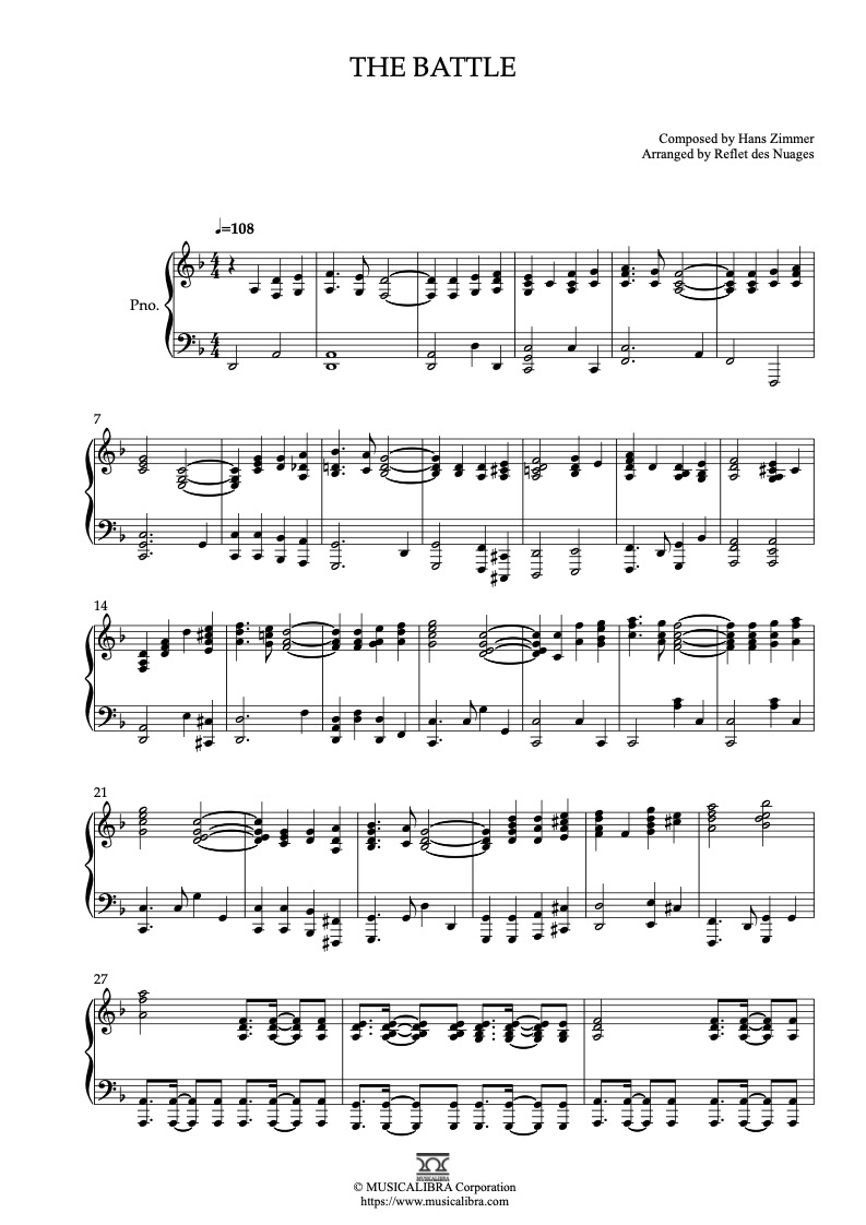 Partitura de Gladiator The Battle arreglada para piano solo