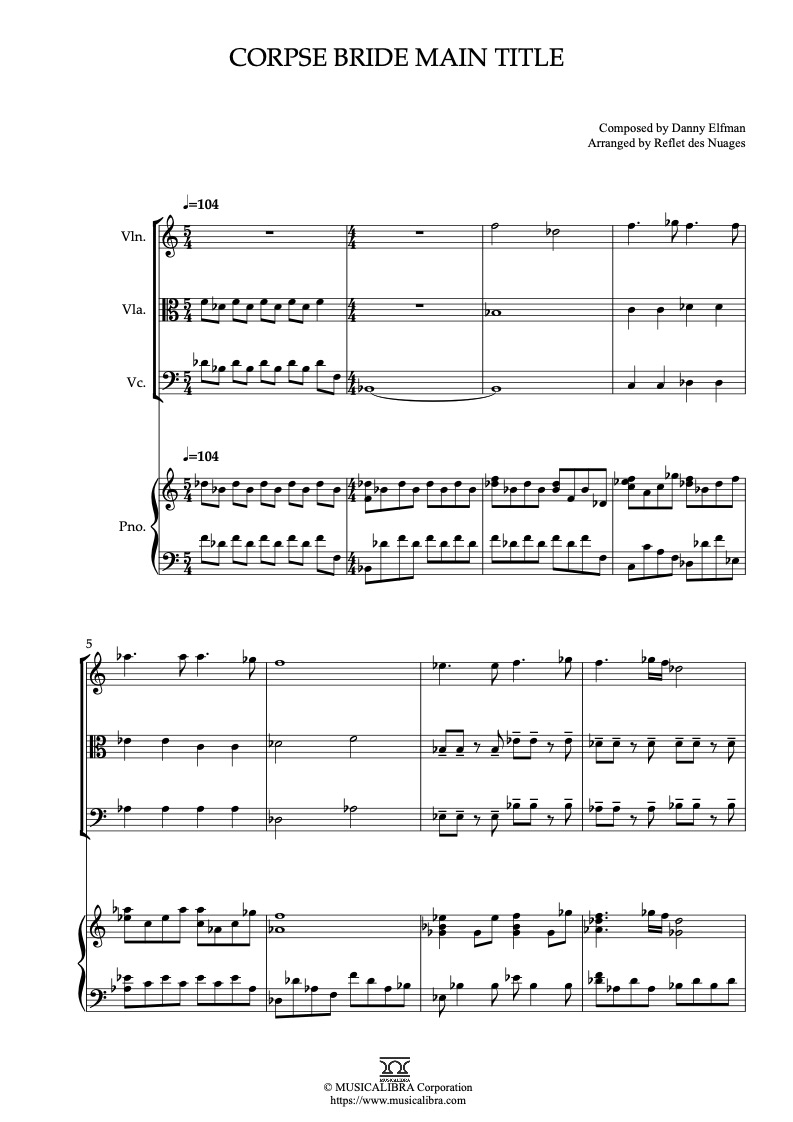 Corpse Bride Main Title 四重奏 乐谱 - 小提琴, 中提琴, 大提琴, 钢琴