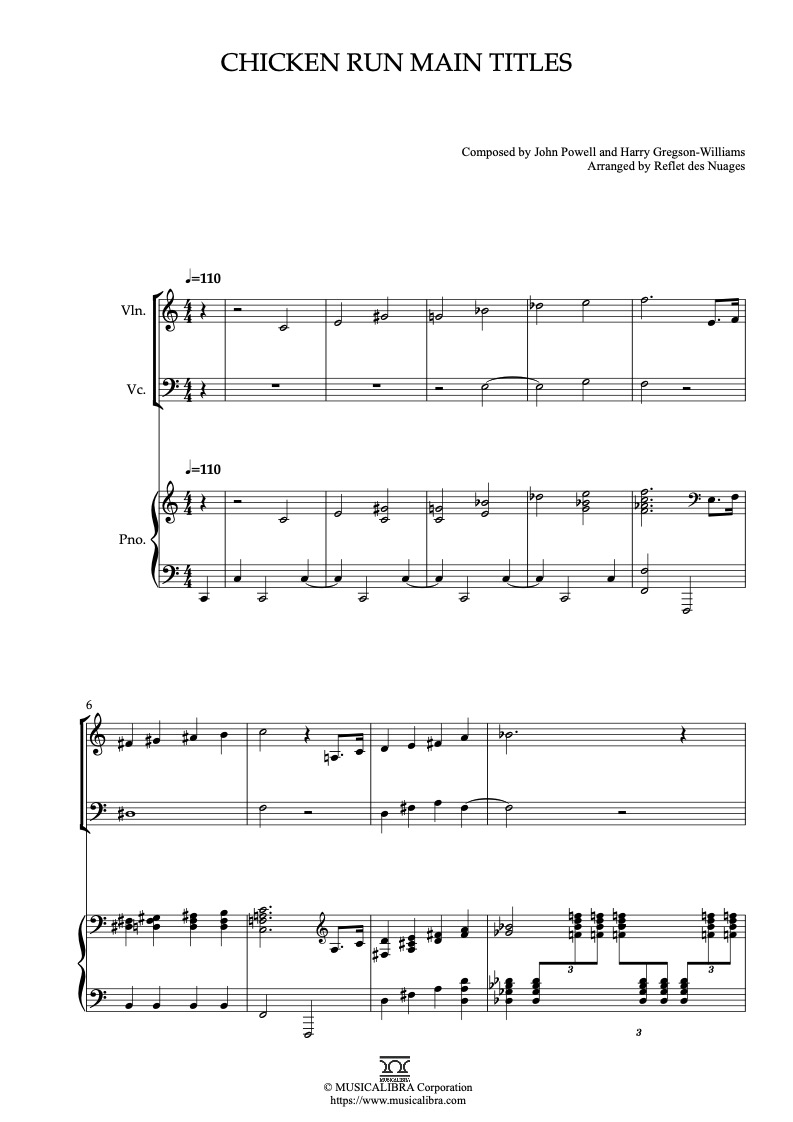 Chicken Run Main Titles 編曲楽譜 - ヴァイオリン、チェロ、ピアノトリオ