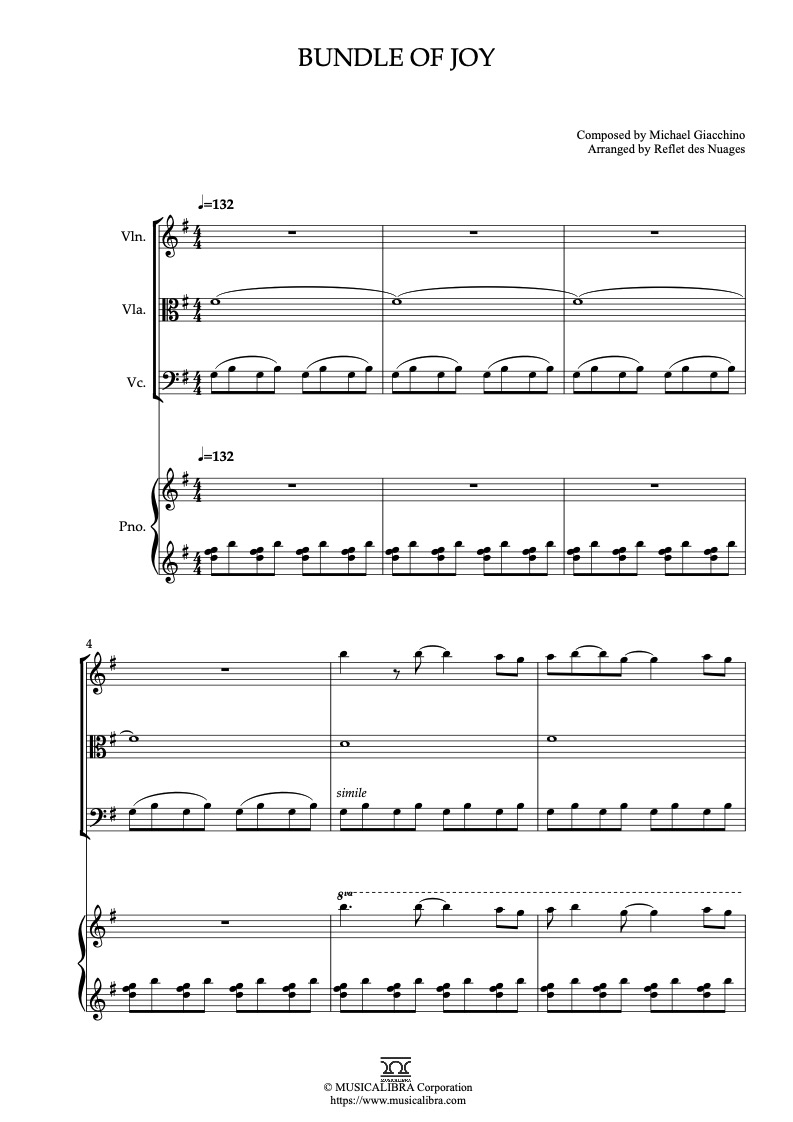 Partitura de Inside Out Bundle of Joy arreglada para cuarteto de violín, viola, violonchelo y piano