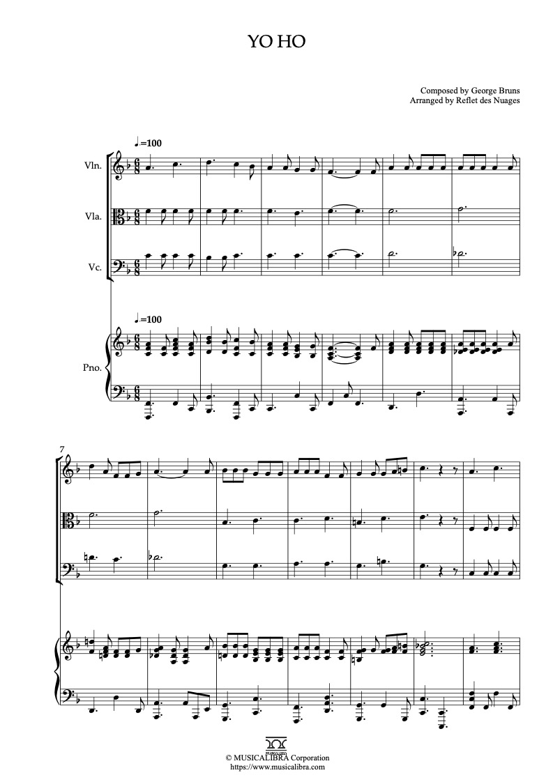 Partitura de A Pirates Life for Me Yo Ho arreglada para cuarteto de violín, viola, violonchelo y piano