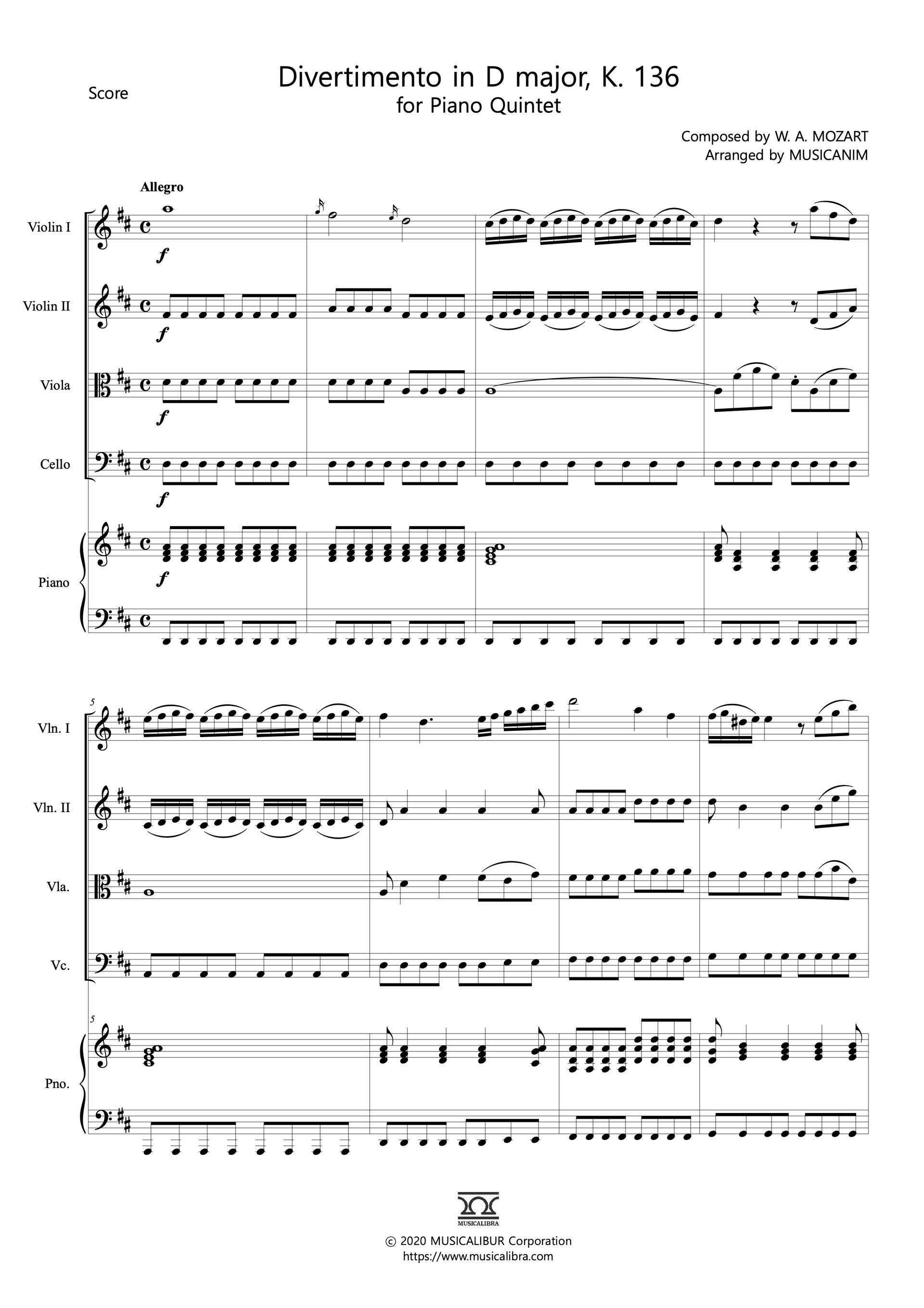 Sheet music of Divertimento in D major, K. 136 arranged for violins, viola, cello and piano quintet preview page 1