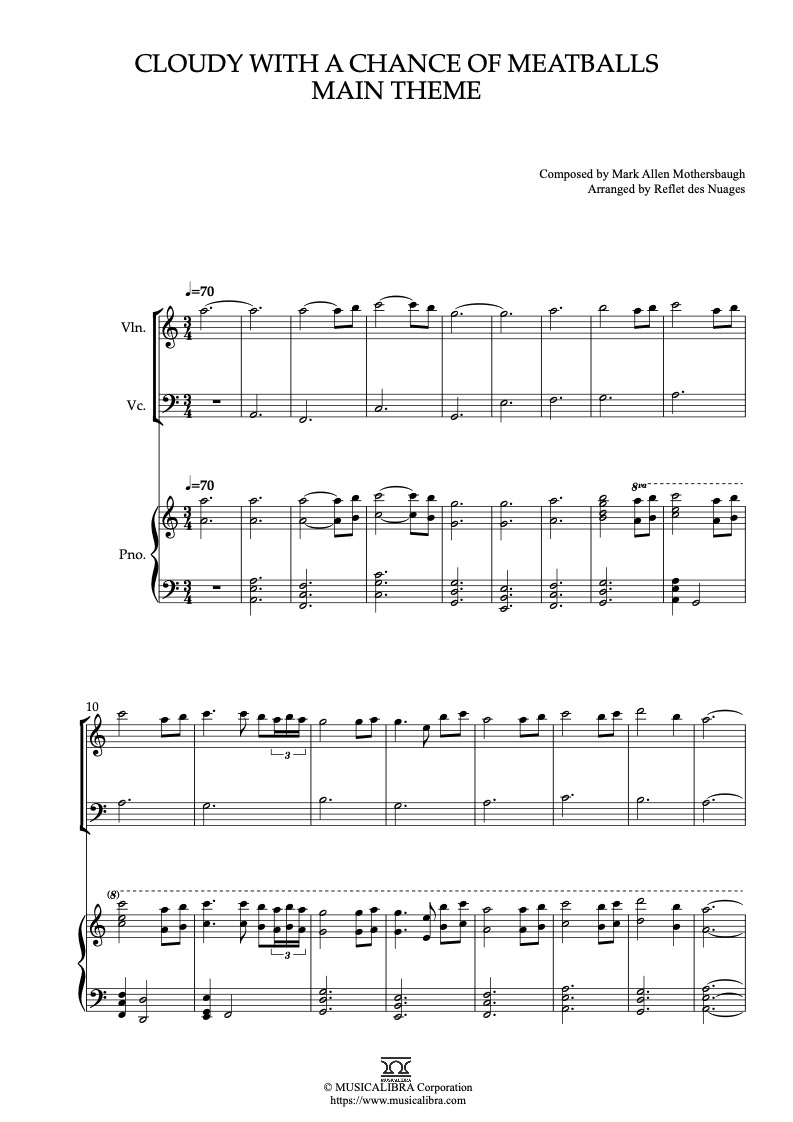 Partitura de Cloudy With a Chance of Meatballs Main Theme arreglada para trío de violín, violonchelo y piano