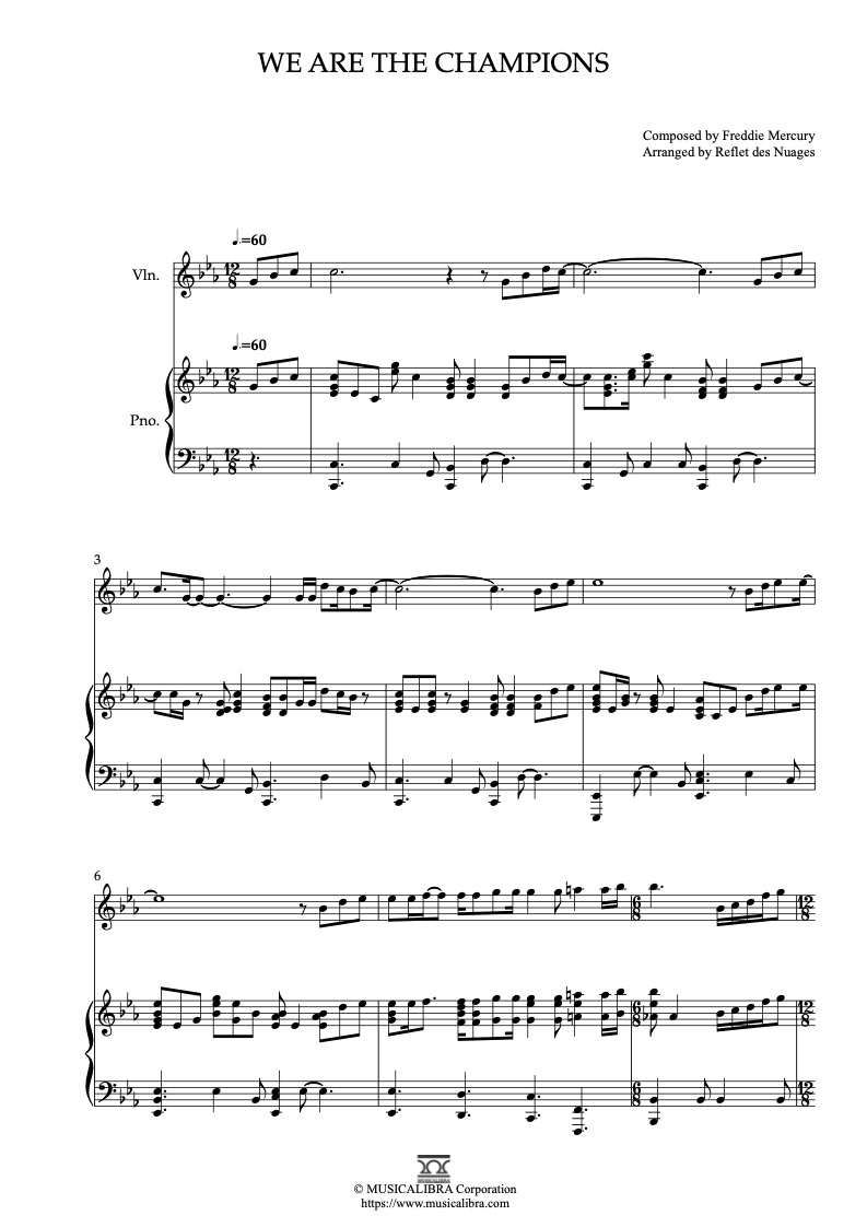 Sheet music of Queen We Are the Champions arranged for violin and piano duet preview page 1