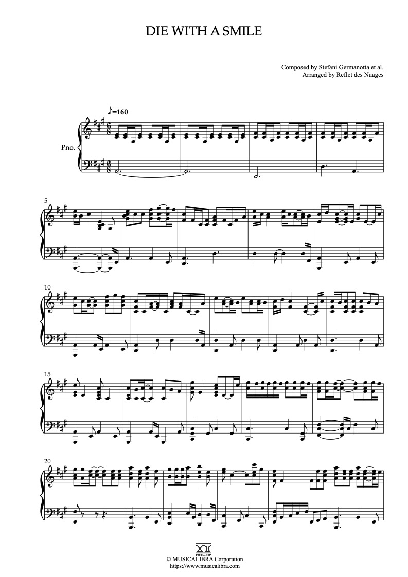 Lady Gaga and Bruno Mars Die With a Smile 피아노 솔로 편곡 악보