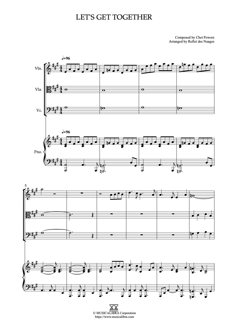 Partitura de Let’s Get Together arreglada para cuarteto de violín, viola, violonchelo y piano