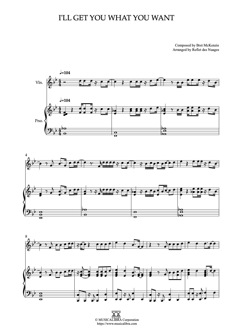 Sheet music of The Muppets I'll Get You What You Want arranged for violin and piano duet chamber ensemble preview page 1