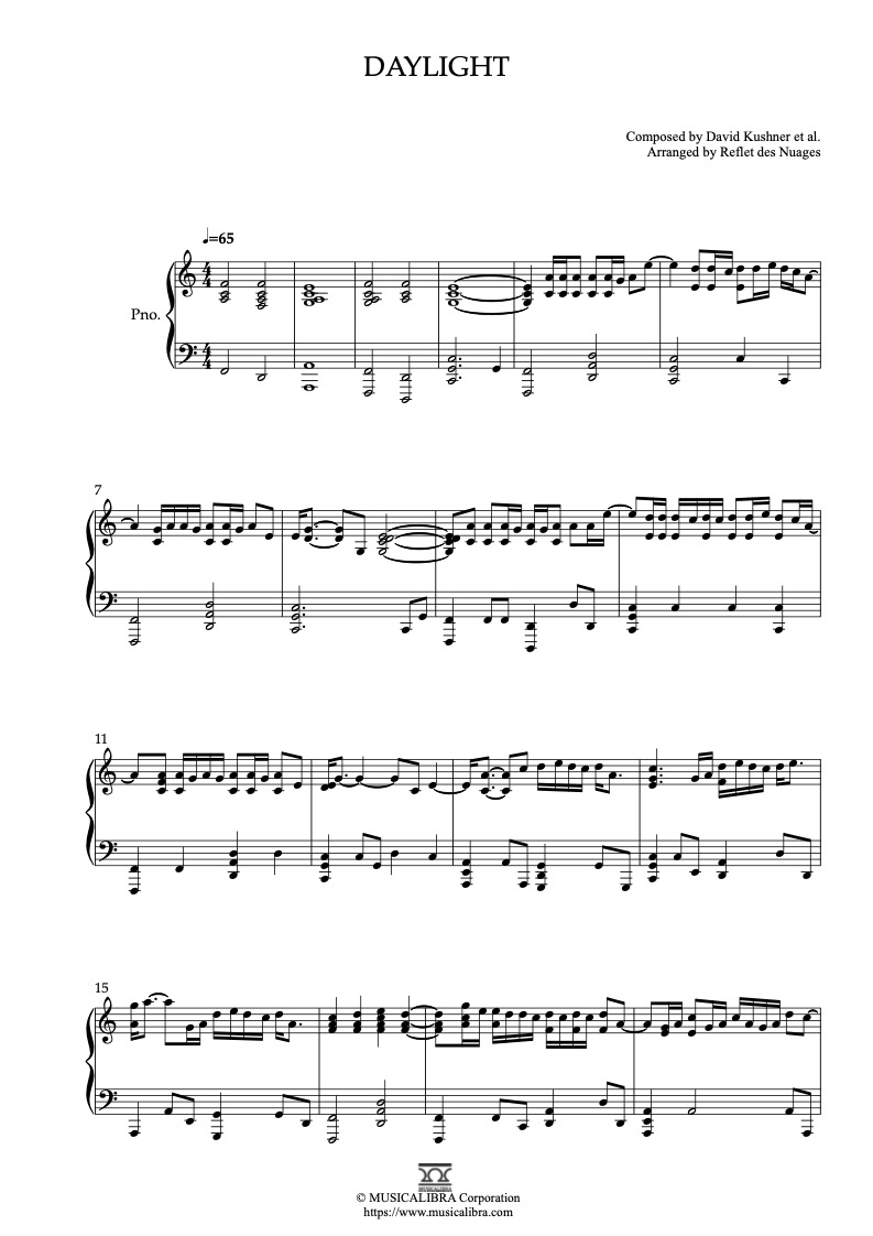 Partitura de David Kushner Daylight arreglada para piano solo