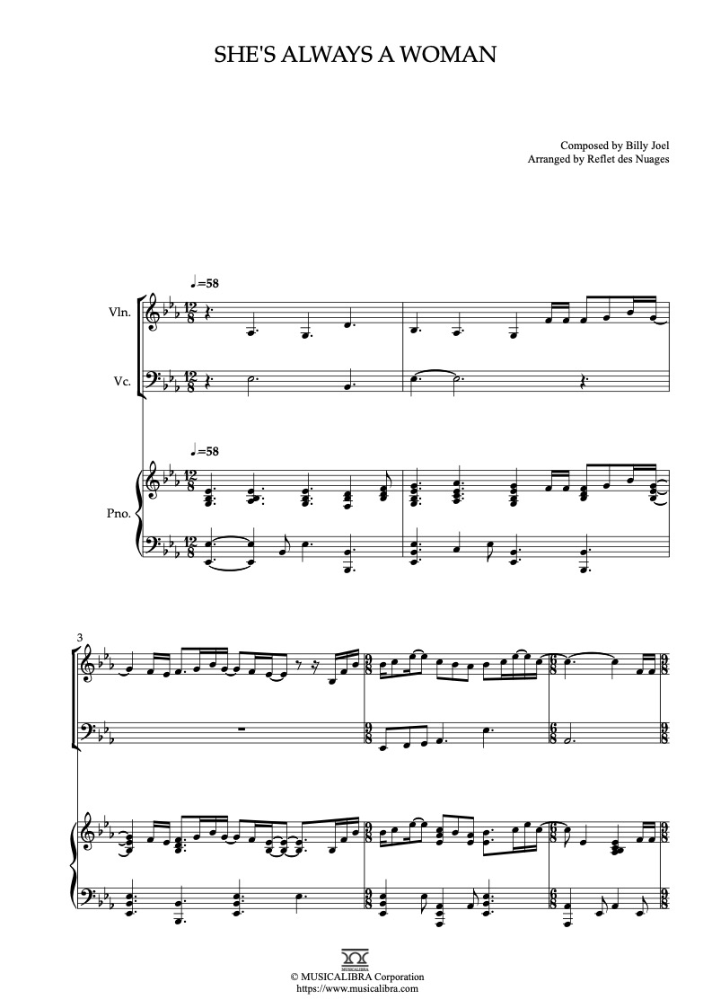 Billy Joel She's Always a Woman 三重奏 乐谱 - 小提琴, 大提琴, 钢琴